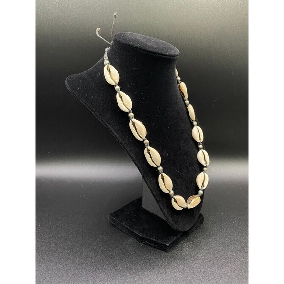 Cowrie Shell and Silver Tone Beaded Leather Cord Necklace